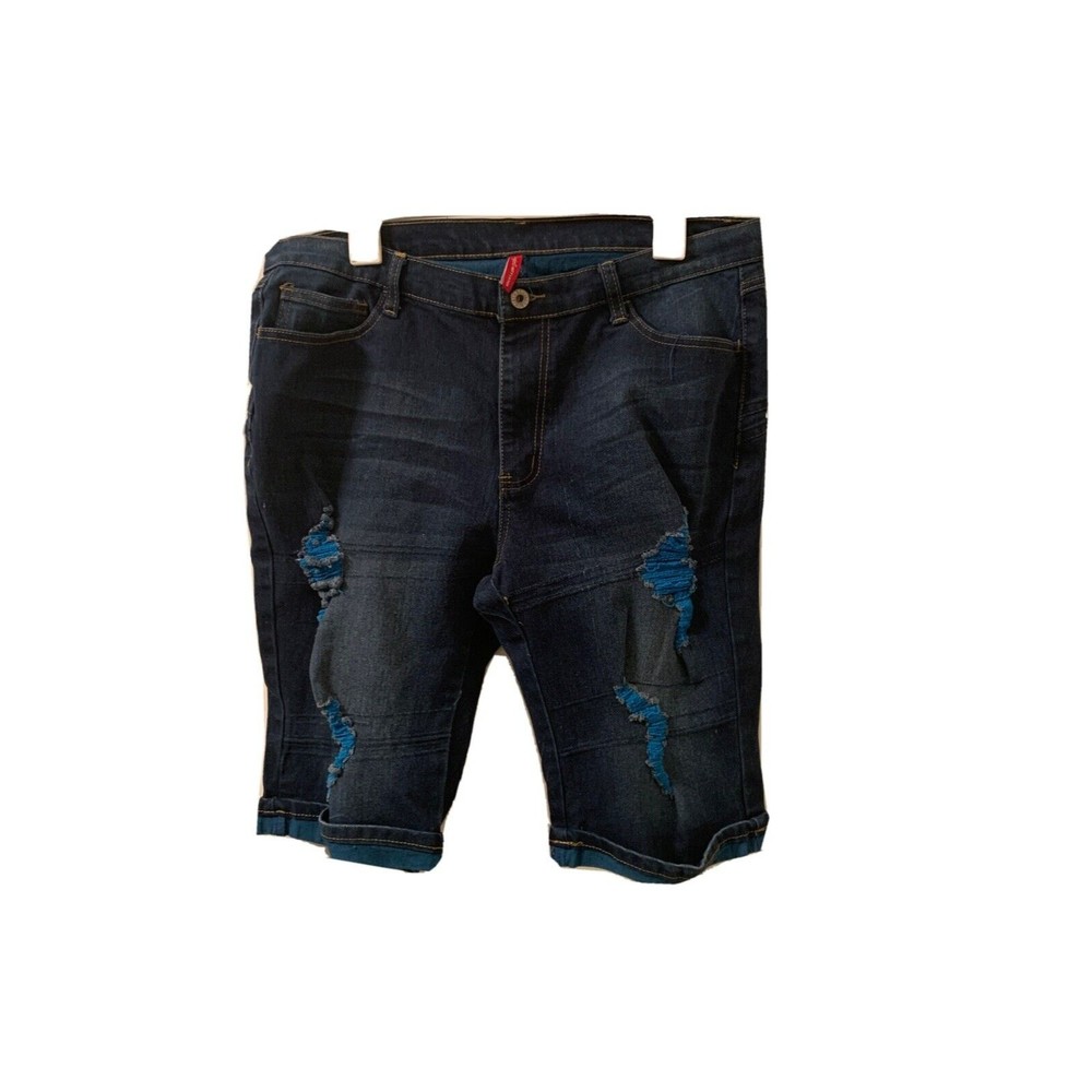 Be Girl Women's Plus Size 16 Blue Capri Jean Shorts Pockets Destroyed Distressed